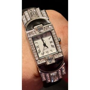 Franz Xavier B9301 Art Deco Crystal Dress Watch Silver Tone Black Strap Quartz